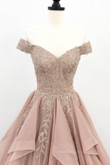 Bridesmaids Dress Peach, Off the Shoulder Champagne Lace Prom Dresses, Off Shoulder Champagne Lace Formal Evening Dresses