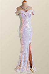 Party Dresses Outfit Ideas, Off the Shoulder Champagne Sequin Mermaid Party Dress