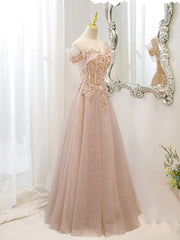 Bridesmaid Dresses Champagne, Off the Shoulder Champagne Tulle Lace Prom Dress, Off Shoulder Champagne Lace Formal Dress