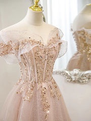 Bridesmaid Dress Color Palettes, Off the Shoulder Champagne Tulle Lace Prom Dress, Off Shoulder Champagne Lace Formal Dress