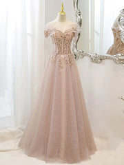 Bridesmaid Dresses Blush, Off the Shoulder Champagne Tulle Lace Prom Dress, Off Shoulder Champagne Lace Formal Dress