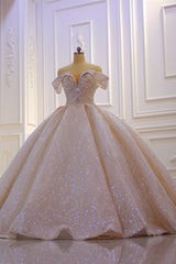 Wedding Dresses Fitted, Off the shoulder Champange Puffy ball Gown Sparkle Wedding Dress