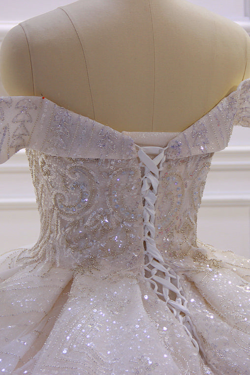 Wedding Dress Fits, Off the shoulder Champange Puffy ball Gown Sparkle Wedding Dress
