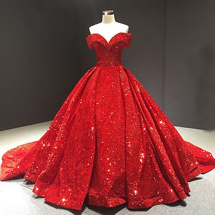 Party Dresses Outfit Ideas, Off The Shoulder Court Train Sequined Luxurious Ball Gown