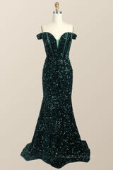 Sparklie Dress, Off the Shoulder Dark Green Sequin Mermaid Prom Dress