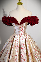 Prom Dress Blush, Off the Shoulder Floral Satin Long Prom Dress, Cute A-Line Evening Dress with Velvet