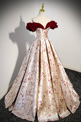 Prom Dresses Blushes, Off the Shoulder Floral Satin Long Prom Dress, Cute A-Line Evening Dress with Velvet