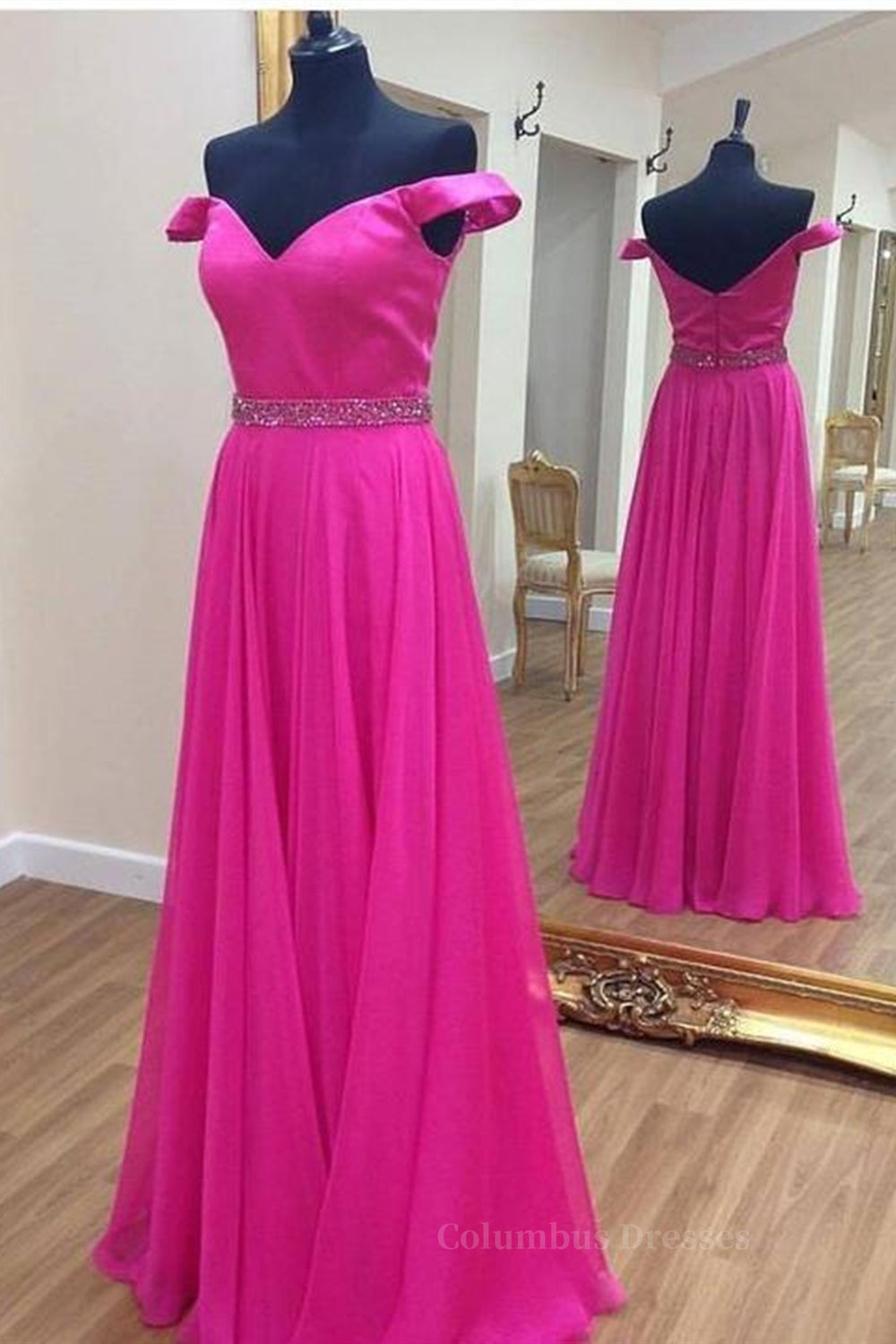 Party Dress Short Tight, Off the Shoulder Fuchsia Long Prom Dresses with Belt, Off Shoulder Fuchsia Formal Evening Dresses