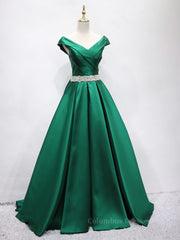 Prom Dresses Classy, Off the Shoulder Green Long Prom Dress with Corset Back, Off Shoulder Long Green Formal Evening Dresses