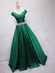 Prom Dresses Under 83, Off the Shoulder Green Long Prom Dress with Corset Back, Off Shoulder Long Green Formal Evening Dresses