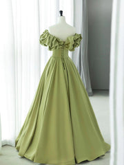 Bridesmaid Dresses Summer, Off the Shoulder Green Satin Long Prom Dresses, Green Satin Long Formal Evening Dresses