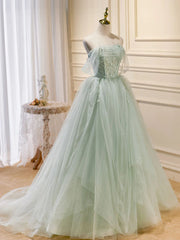 Bridesmaides Dresses Green, Off the Shoulder Green Tulle Long Prom Dresses, Green Off Shoulder Long Formal Evening Dresses