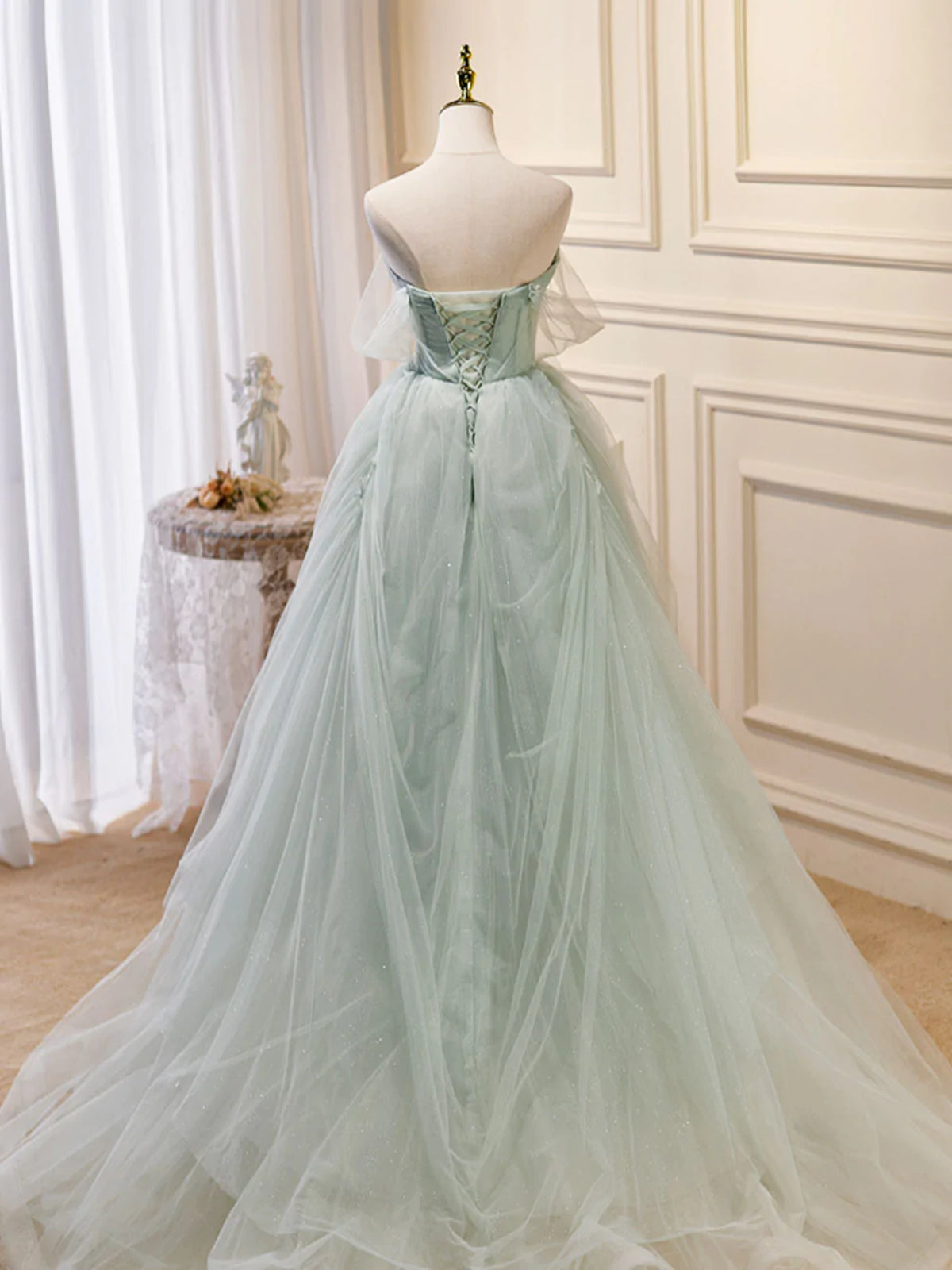 Bridesmaid Dresses 2027, Off the Shoulder Green Tulle Long Prom Dresses, Green Off Shoulder Long Formal Evening Dresses