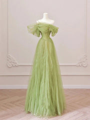 Bridesmaids Dresses Uk, Off the Shoulder Green Tulle Long Prom Dresses, Green Tulle Long Formal Evening Dresses