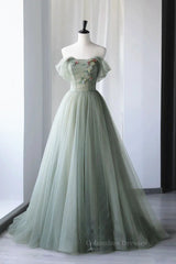 Prom Dress Country, Off the Shoulder Green Tulle Long Prom Dresses, Green Tulle Off Shoulder Formal Evening Dresses