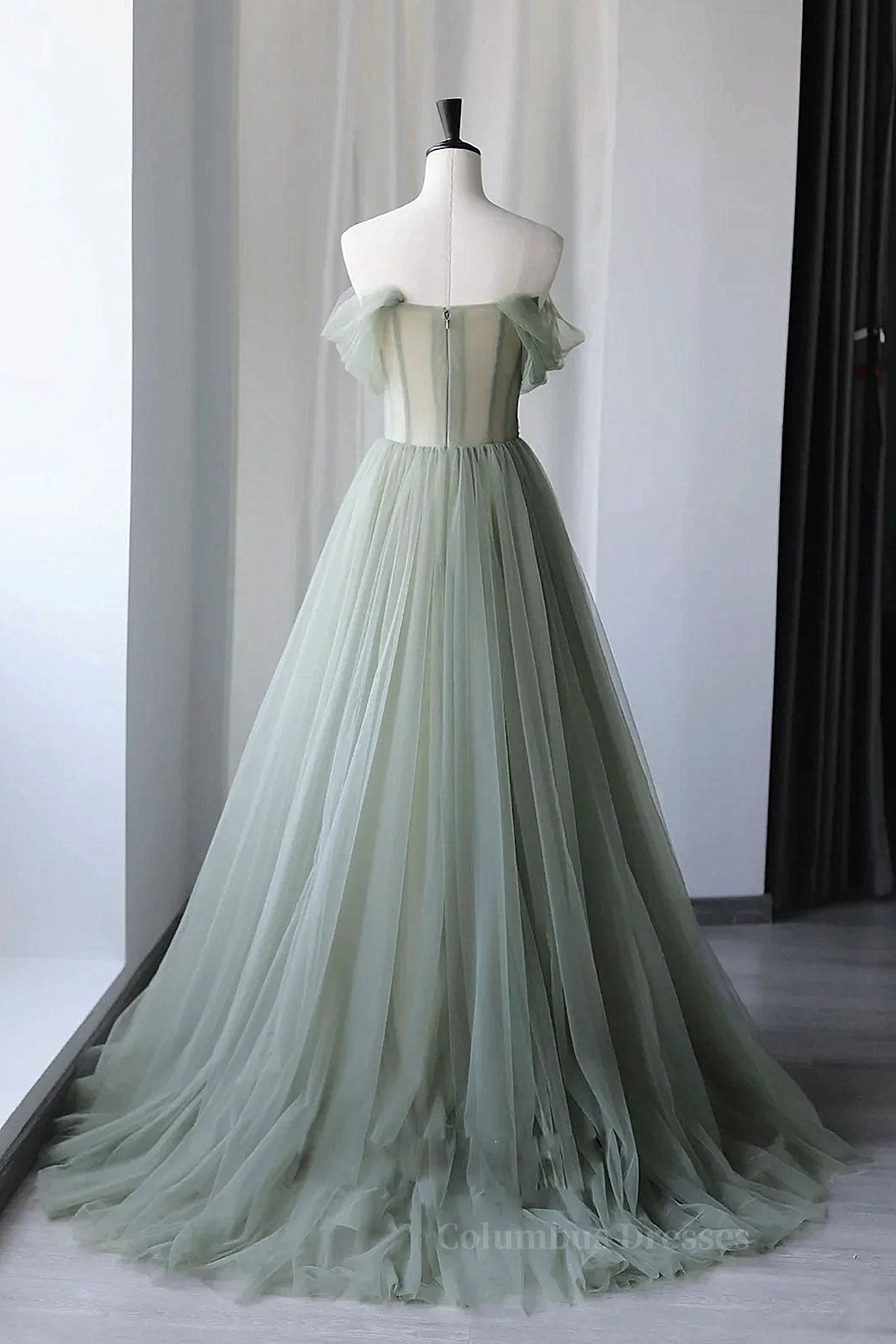 Prom Dresses Blue Light, Off the Shoulder Green Tulle Long Prom Dresses, Green Tulle Off Shoulder Formal Evening Dresses