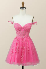 Bridesmaid Dresses Colorful, Off the Shoulder Hot Pink Lace Short Homecoming Dress