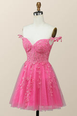 Bridesmaid Dresses Cheap, Off the Shoulder Hot Pink Lace Short Homecoming Dress