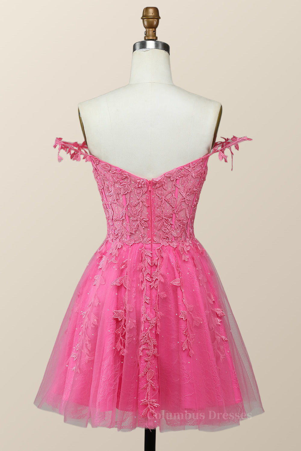 Bridesmaid Dress Outdoor Wedding, Off the Shoulder Hot Pink Lace Short Homecoming Dress