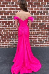 Off The Shoulder Hot Pink Mermaid Long Prom Dress with Feathers
