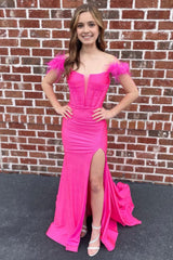 Off The Shoulder Hot Pink Mermaid Long Prom Dress with Feathers