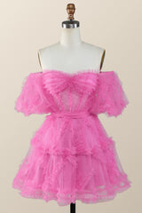Party Dresses Sales, Off the Shoulder Hot Pink Ruffles Short A-line Homecoming Dress