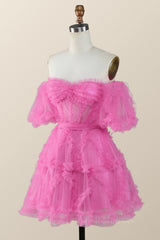 Party Dress Sale, Off the Shoulder Hot Pink Ruffles Short A-line Homecoming Dress