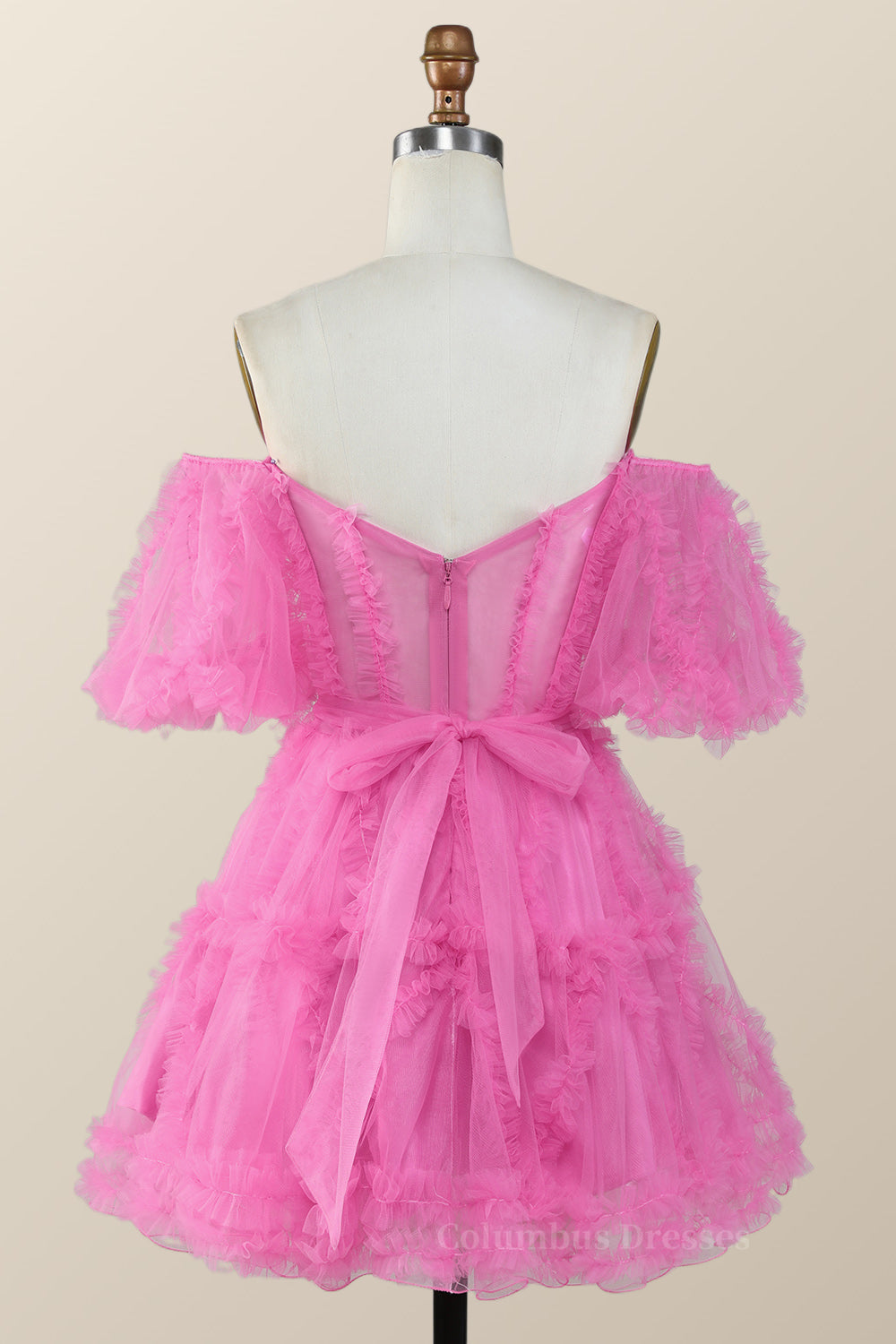 Party Dress Sales, Off the Shoulder Hot Pink Ruffles Short A-line Homecoming Dress