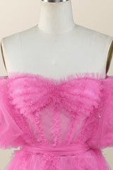 Party Dresses Sale, Off the Shoulder Hot Pink Ruffles Short A-line Homecoming Dress
