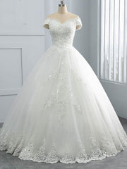 Wedding Dresses A Line, Off-the-Shoulder Lace Sequins Ball Gown Wedding Dresses