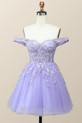 Formal Wedding Guest Dress, Off the Shoulder Lavender Embroidered A-line Princess Dress