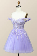 Trendy Dress Outfit, Off the Shoulder Lavender Embroidered A-line Princess Dress