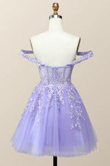 Party Dresses With Boots, Off the Shoulder Lavender Embroidered A-line Princess Dress