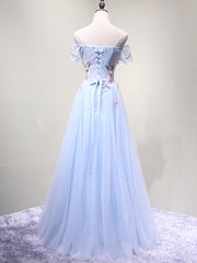 Bridesmaids Dresses Vintage, Off the Shoulder Light Blue Floral Long Prom Dresses, Off Shoulder Light Blue Formal Evening Dresses