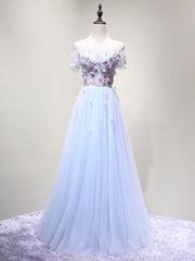Bridesmaid Dress Vintage, Off the Shoulder Light Blue Floral Long Prom Dresses, Off Shoulder Light Blue Formal Evening Dresses