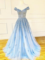Prom Dresses With Slits, Off the Shoulder Light Blue Lace Prom Dresses, Off the Shoulder Blue Lace Formal Evening Dresses