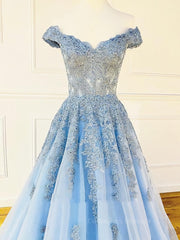 Prom Dress Long Ball Gown, Off the Shoulder Light Blue Lace Prom Dresses, Off the Shoulder Blue Lace Formal Evening Dresses