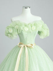Bridesmaids Dress Ideas, Off the Shoulder Light Green Floral Prom Dresses, Green Floral Formal Graduation Dress