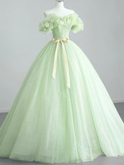Bridesmaid Dresses Idea, Off the Shoulder Light Green Floral Prom Dresses, Green Floral Formal Graduation Dress