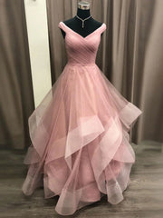 Bridesmaids Dress With Lace, Off the Shoulder Light Pink Prom Dresses, Off Shoulder Light Pink Formal Evening Dresses