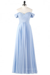 Party Dresses With Sleeves, Off the Shoulder Light Sky Blue Chiffon Long Bridesmaid Dress