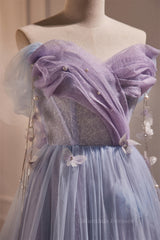 Wedding Decor, Off the Shoulder Lilac Tulle Formal Dress with Butterflies