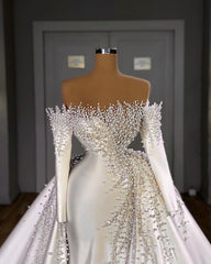 Wedding Dress With Sleev, Off-the-Shoulder Long Sleeves Mermaid Wedding Dress Pearls With Detachable Train