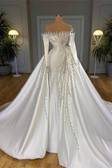 Wedding Dresses With Sleeve, Off-the-Shoulder Long Sleeves Mermaid Wedding Dress Pearls With Detachable Train
