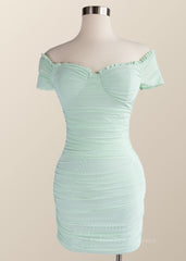 Homecoming Dress Styles, Off the Shoulder Mint Green Ruched Bodycon Mini Dress