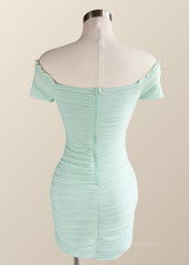 Homecoming Dresses Freshman, Off the Shoulder Mint Green Ruched Bodycon Mini Dress