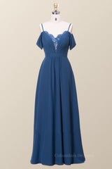 Homecoming Dresses Bodycon, Off the Shoulder Navy Blue Chiffon Long Bridesmaid Dress