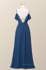Homecomming Dress Black, Off the Shoulder Navy Blue Chiffon Long Bridesmaid Dress