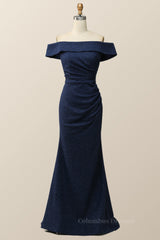 Formal Dresses Outfits, Off the Shoulder Navy Blue Draped Long Formal Dress