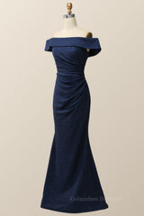 Formal Dress Outfit, Off the Shoulder Navy Blue Draped Long Formal Dress